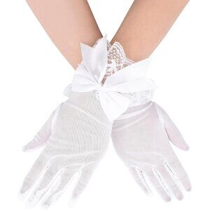 Women's Short St128-White Lace Open Half Finger Gloves Wedding Party Prom